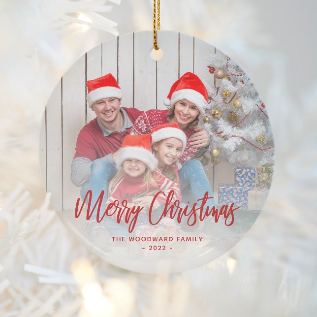 Frohe Weihnachts Familie Foto Rote Schrift Keramik Ornament (Von Creator hochgeladen)