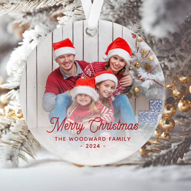 Frohe Weihnachts Familie Foto Rote Schrift Ornament (Von Creator hochgeladen)