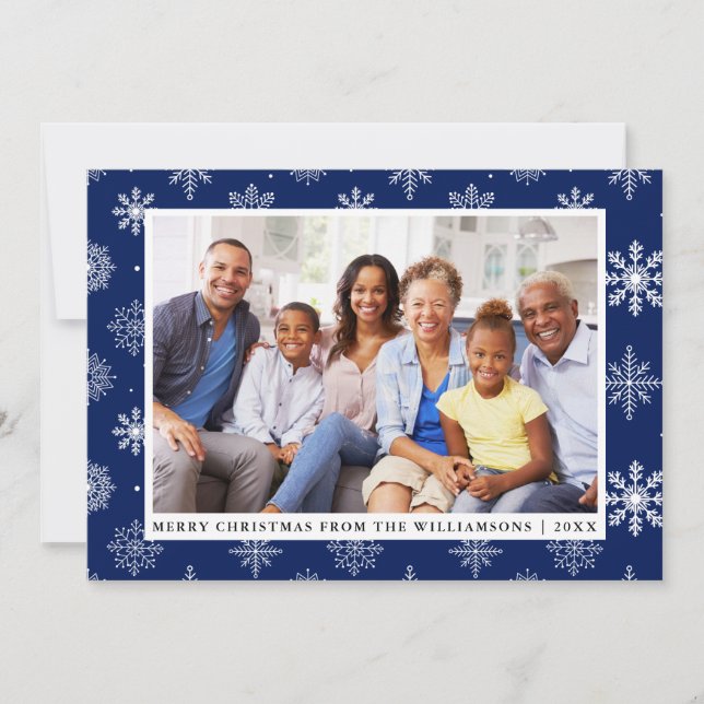 Frohe Weihnachts Familie Foto Snowflakes Blue Card Einladung (Vorderseite)