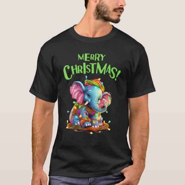 Frohe Weihnachts festliche Lichter Niedlich Elefan T-Shirt (Vorderseite)