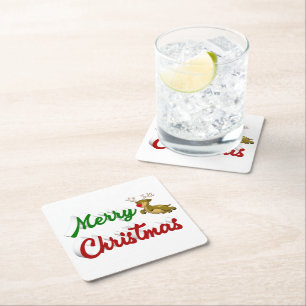 Frohe Weihnachts-Flying Rentier Rot-Grün-Skript Rechteckiger Pappuntersetzer