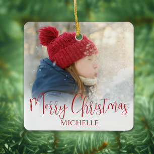 Frohe Weihnachts-Foto Calligraphy Red Green Karier Keramikornament