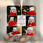 Frohe Weihnachts Foto Collage Niedlich Red Script Ornament Aus Metall<br><div class="desc">Dieses niedliche,  moderne Merry Christmas Metal-Ornament besticht durch eine elegante Anordnung von 6 Fotos aus der Familie auf weißem Hintergrund mit hübscher roter Typografie. Dieses wunderschöne Kinderhotel mit Foto-Dekor und eigenem Kinderfoto-Collage umgibt Ihre festliche Botschaft und den Familiennamen in Rot.</div>
