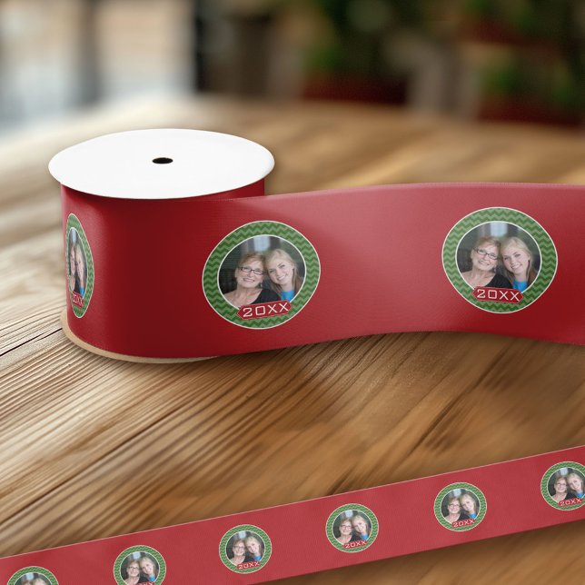 Frohe Weihnachts Foto Custom Year - Green Red Satinband (Custom Ribbon - Add Your Own Text)