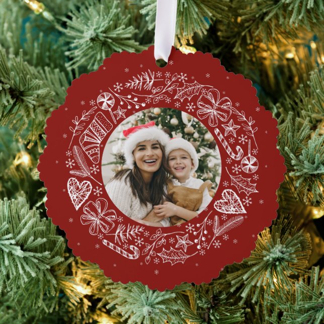 Frohe Weihnachts-Foto Gold Kranz Rot Ornament Karte (Insitu (Baum))