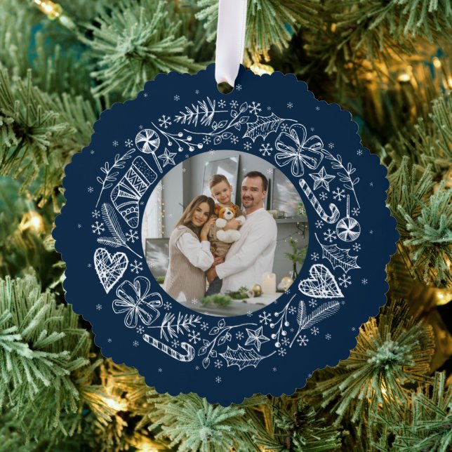 Frohe Weihnachts-Foto-Goldkranz Ornament Karte (Insitu (Baum))