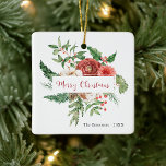 Frohe Weihnachts-Foto Keramikornament<br><div class="desc">Dieser schöne Urlaubsstil besticht durch wunderschöne Aquarellrot-Blume mit Holly-Beeren,  Nadelkronen und weiße Vegetation mit einem "Frohen Weihnachten" in einer handgeschriebenen Schrift | Kalligraphie. Auf der Rückseite des Ornaments befindet sich ein Foto für die individuelle Gestaltung. Finden Sie passende Artikel in der Holiday Red Winter Botanical Christmas Collection.</div>