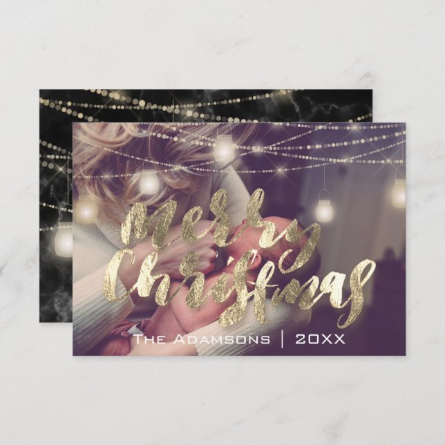 Frohe Weihnachts Foto Lights Marmor Gold Custom Einladung (Vorne/Hinten)