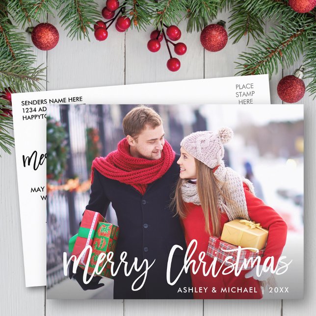 Frohe Weihnachts-Foto Moderne Pinselschrift Postkarte (Customize to change your personalized text size or text style.)