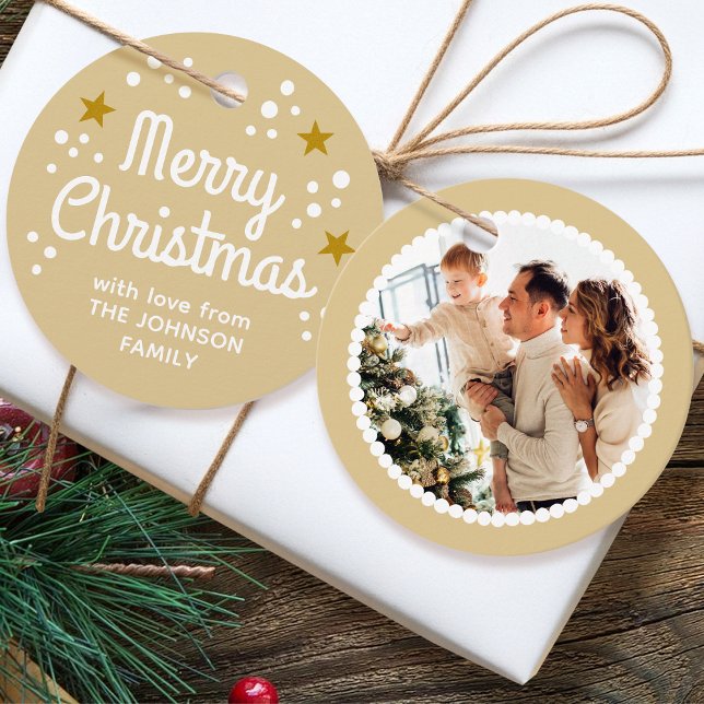 Frohe Weihnachts-Foto Name Simple Gold Round Gift Geschenkanhänger (Von Creator hochgeladen)