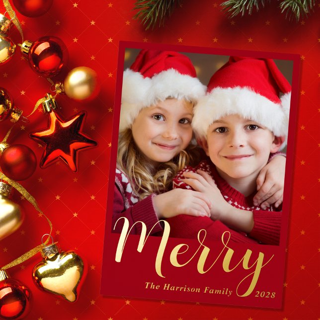 Frohe Weihnachts-Foto Red Folien Feiertagskarte (This holiday season, let your family's smiles & heartwarming memories shine on our real foil card)