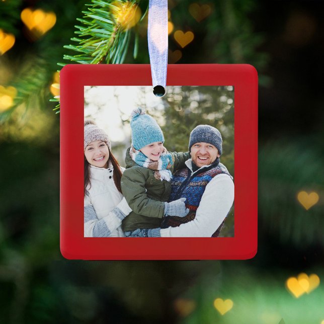 Frohe Weihnachts-Foto Red Script Einfach Keramikornament (A Merry Christmas red photo ornament template. )