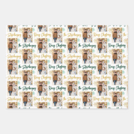 Frohe Weihnachts Foto Script Name Gold Green Geschenkpapier Set