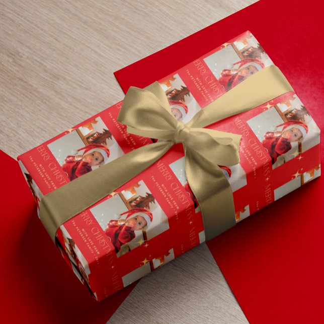 Frohe Weihnachts-Foto-Text personalisiert rot Geschenkpapier (Von Creator hochgeladen)