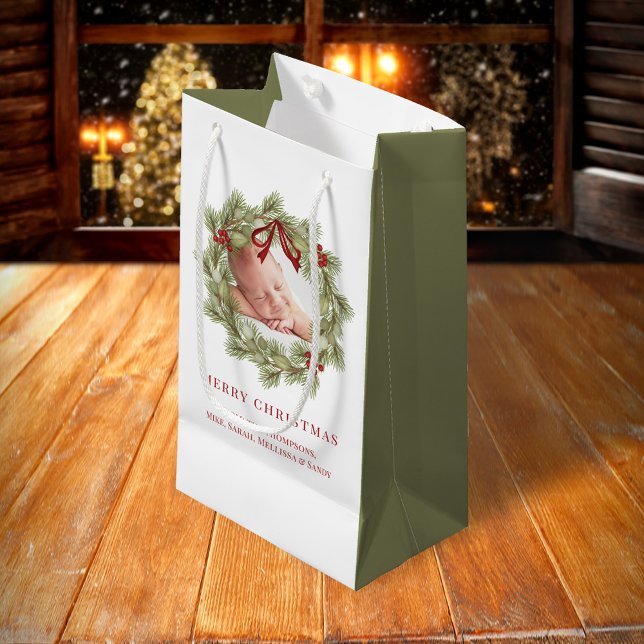 Frohe Weihnachts-Foto Wasserfarbenwelt Kranz Kleine Geschenktüte (Merry Christmas wreath photo greenery gift bag, )