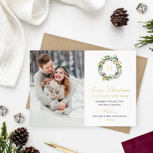 Frohe Weihnachts-Foto Winter Greenery Monogram Folien Feiertagskarte