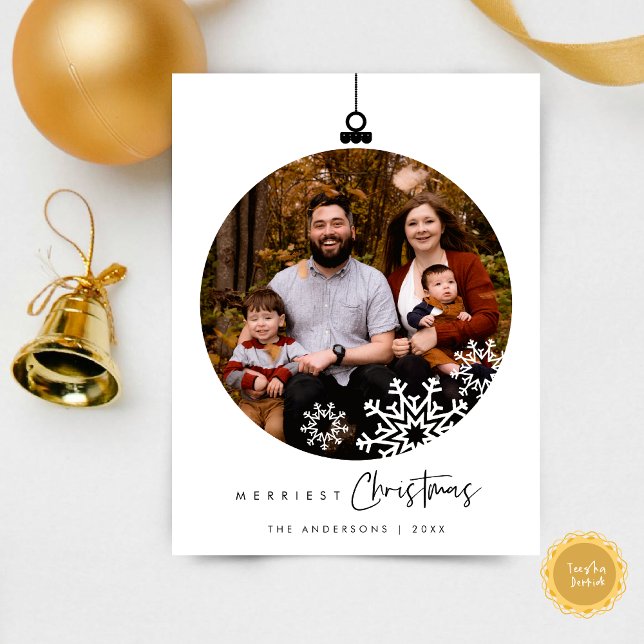 Frohe Weihnachts-Foto, wünscht Ball Postkarte (Merriest Christmas Family Photo, Season Greeting Wishes Ball Snow Flakes Layover Postcard)