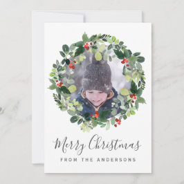 Frohe Weihnachts-Fotokarte mit Weihnachtskranz Feiertagskarte