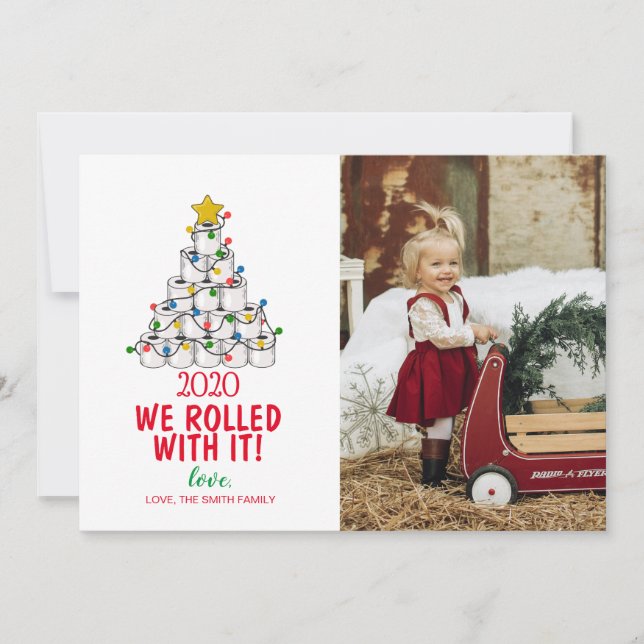 Frohe Weihnachts-Fotokarte Wir rollten mit ihr Einladung (Vorderseite)