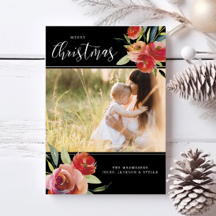 Frohe Weihnachts-Fotos Red Watercolor Floral Black Feiertagskarte