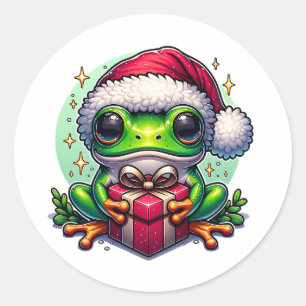 Frohe Weihnachts-Frosch mit Geschenk Runder Aufkleber
