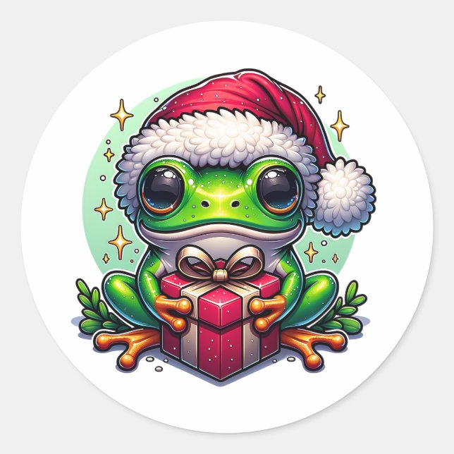 Frohe Weihnachts-Frosch mit Geschenk Runder Aufkleber (Vorderseite)