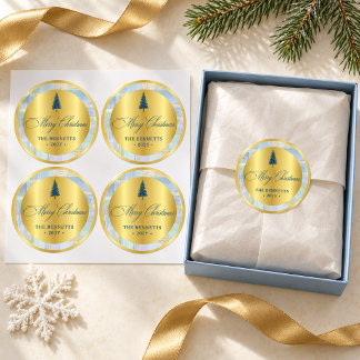 Frohe Weihnachts-Gabensiegel – Blau & Gold Kiefer Runder Aufkleber