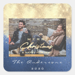 Frohe Weihnachts-glückliche Jahr Stars Blue Gold F Quadratischer Aufkleber