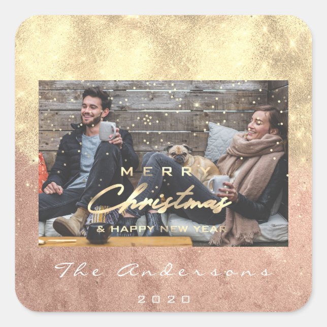 Frohe Weihnachts-glückliche Jahr Stars Rose Gold F Quadratischer Aufkleber (Vorderseite)