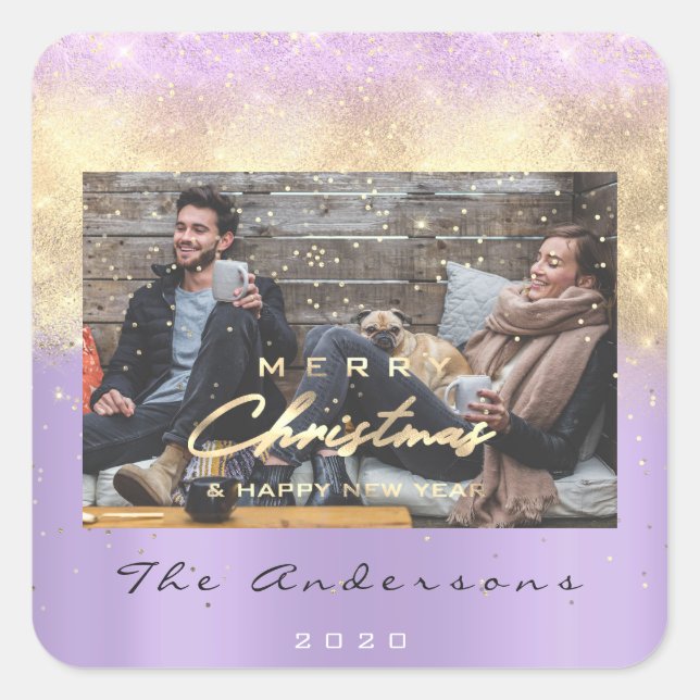 Frohe Weihnachts glückliche Jahr Stars Violet Gold Quadratischer Aufkleber (Vorderseite)