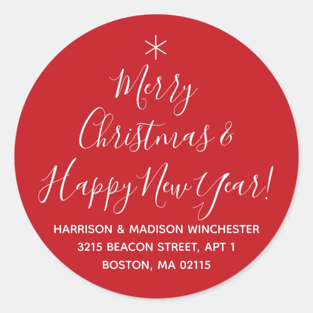 Frohe Weihnachts glückliche Neujahrsschrift-Adress Runder Aufkleber (Vorderseite)