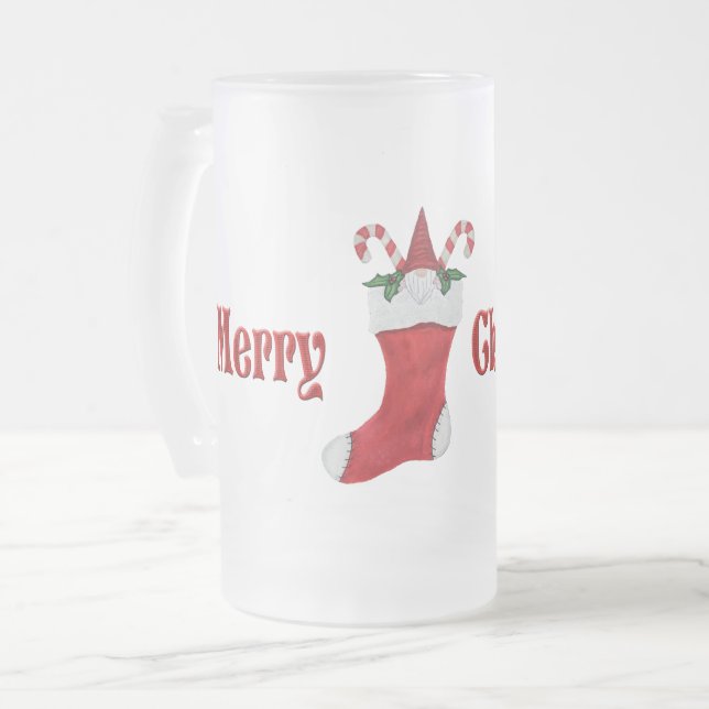 Frohe Weihnachts-Gnome in Red Strumpf Candy Canes Mattglas Bierglas (Vorderseite Links)