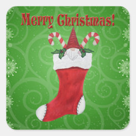 Frohe Weihnachts-Gnome in Strumpf Candy Cane Green Quadratischer Aufkleber