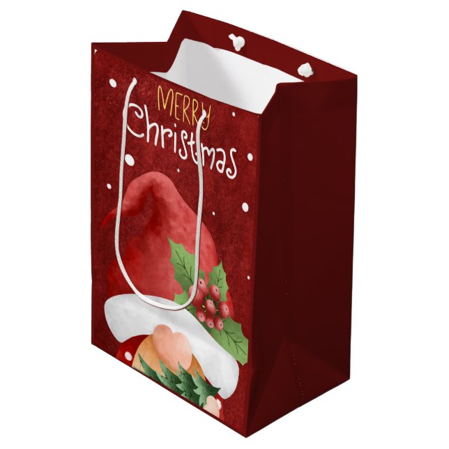 Frohe Weihnachts Gnome Medium Geschenktasche Mittlere Geschenktüte (Vorderseite Schrägansicht)