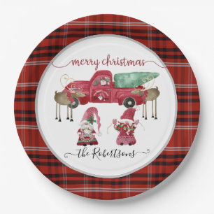 Frohe Weihnachts Gnome Red Kariert Watercolor Truc Pappteller
