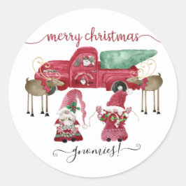 Frohe Weihnachts Gnome Watercolor Red Truck Runder Aufkleber