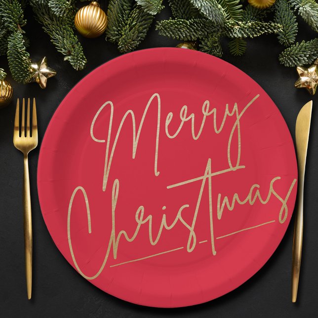 Frohe Weihnachts Gold auf Red Pappteller (Gold Merry Christmas on Red Paper Plates)