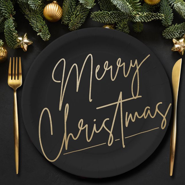 Frohe Weihnachts Gold auf schwarz Pappteller (Gold Merry Christmas on Black Paper Plates)