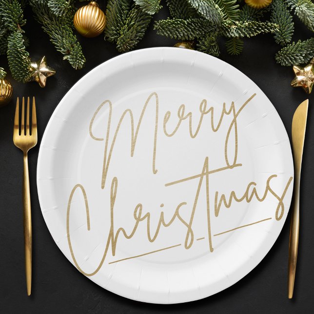Frohe Weihnachts Gold auf Weiß Pappteller (Gold Merry Christmas on White Paper Plates)