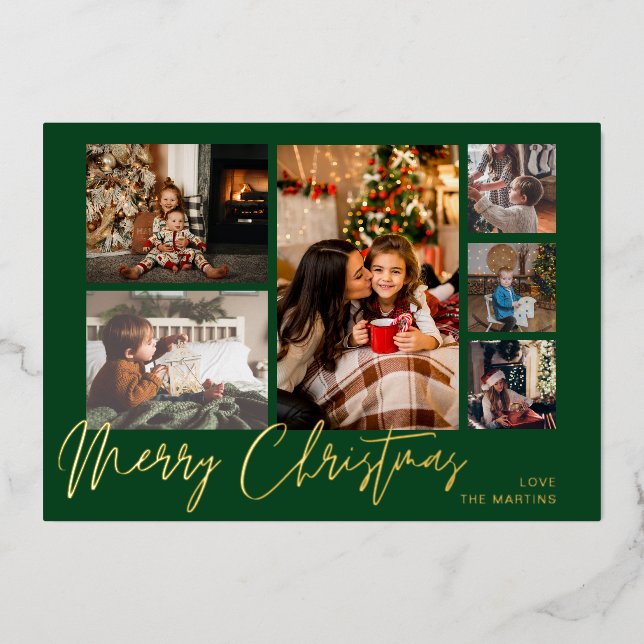 Frohe Weihnachts Gold Foil Multi Foto - Grün Folieneinladung (Vorderseite)