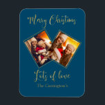 Frohe Weihnachts Gold Foto Name Blue Magnet<br><div class="desc">Niedliche und festliche Keepake-Magnet-Urlaubskarte für Ihre Familie und Freunde. Ein großartiges Geschenk für Oma und Opa.</div>
