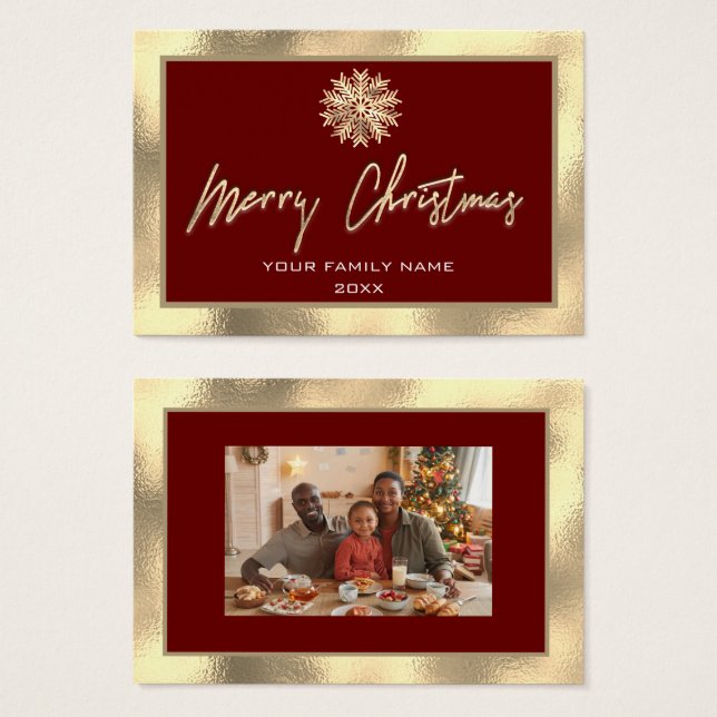 Frohe Weihnachts Gold Frame Familie Foto Burgundy (Vorne & Hinten)