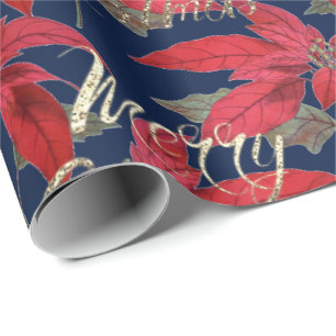 Frohe Weihnachts Gold Glitzer Script Floral Navy Geschenkpapier