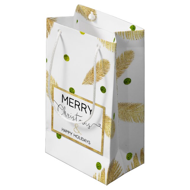 Frohe Weihnachts Gold Glitzer Script Kleine Gesche Geschenktüte (Vorderseite Schrägansicht)