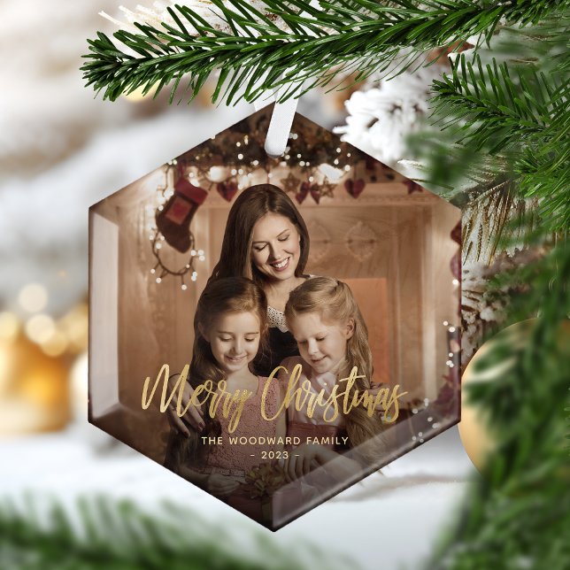 Frohe Weihnachts-Gold-Script-Familie Foto Ornament Aus Glas (Von Creator hochgeladen)