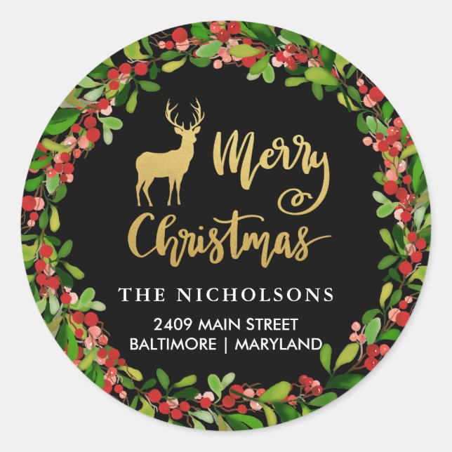 Frohe Weihnachts-Gold-Script-Rücksendeadresse Runder Aufkleber (Vorderseite)