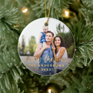 Frohe Weihnachts-Gold-Script-Stars-Foto Keramik Ornament