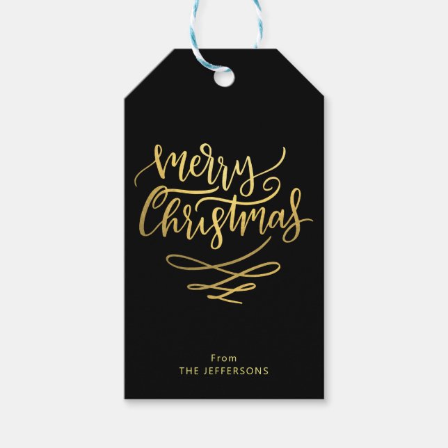 Frohe Weihnachts-Gold-Script-Typografie Geschenkanhänger (Vorderseite)