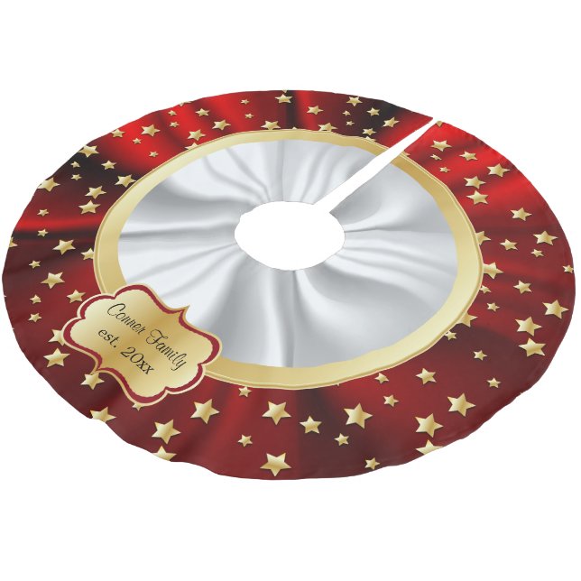 Frohe Weihnachts Gold Stars Rot und Weiß Hintergru Polyester Weihnachtsbaumdecke (Schrägansicht)