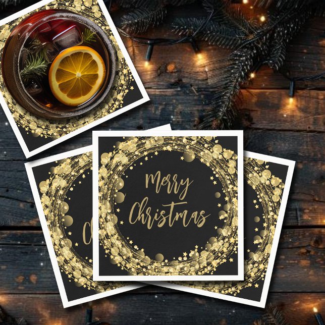 Frohe Weihnachts-Gold-Stars Serviette (Merry Christmas Gold Stars on Black Napkins)